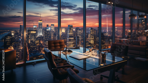 luxury business office in the skyscraper with magnificent view on megapolis on sunset. corporate business. global trading. finance investment photo