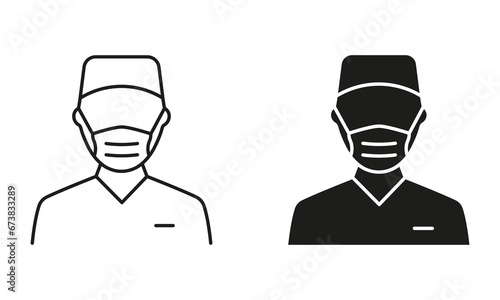 Surgeon Man Line and Silhouette Black Icons. Professional Surgeon Doctor Symbol Collection. Plastic Surgery Specialist in Medical Mask, Hospital Staff Pictogram Set. Isolated Vector Illustration