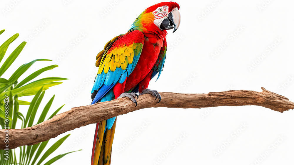 Obraz premium Colorful macaw parrot perched on a tree on white background. made with generative ai