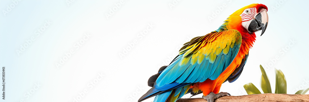 Colorful macaw parrot perched on a tree on white background. made with generative ai Colorful macaw parrot perched on a tree on white background. made with generative ai