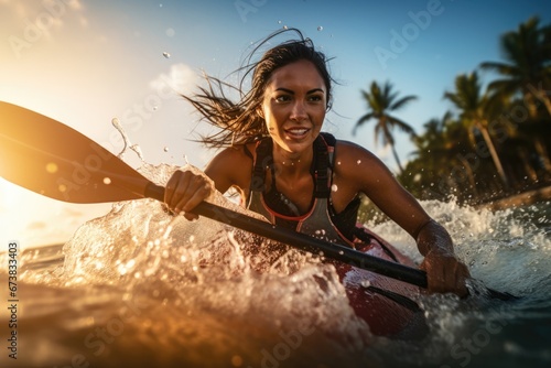 Close-up view of a girl rowing a canoe in sea. Water sports. Summer tropical vacation concept. © rabbit75_fot