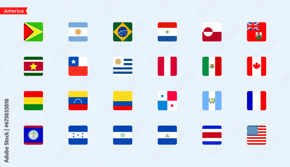 Flags of the countries of the America continent. Isolated square flags of America countries. Color flags of countries. Vector icons Flags of the countries of the America continent. Isolated square flags of America countries. Color flags of countries. Vector icons
