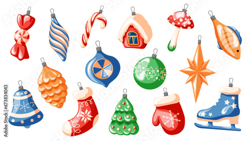 Christmas tree decorations set in cartoon style. Collection of New Year toys and balls. Vector illustration isolated on a white background.