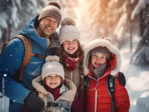 Portrait of a happy family in snow field in Winter. Winter seasonal concept.