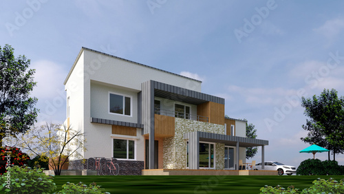 modern house on a day, house in the park, rendering house in the park