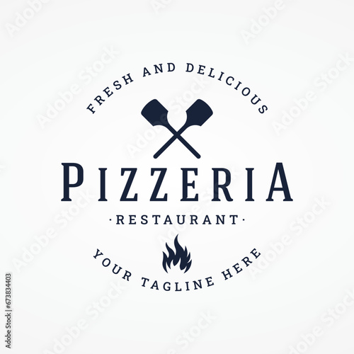Retro vintage pizza or pizzeria logo template design with crossed shovels.Logo for business, restaurant, label and badge.