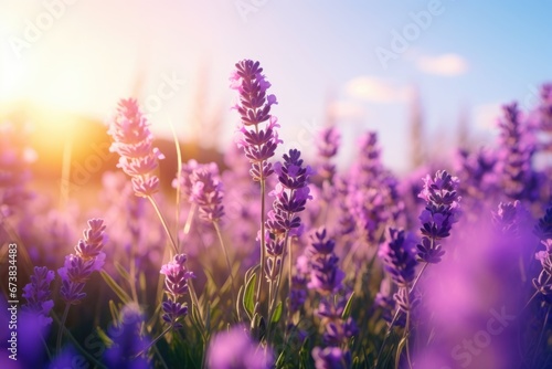 Close-up view of purple lavender in field in Spring. Spring seasonal concept.