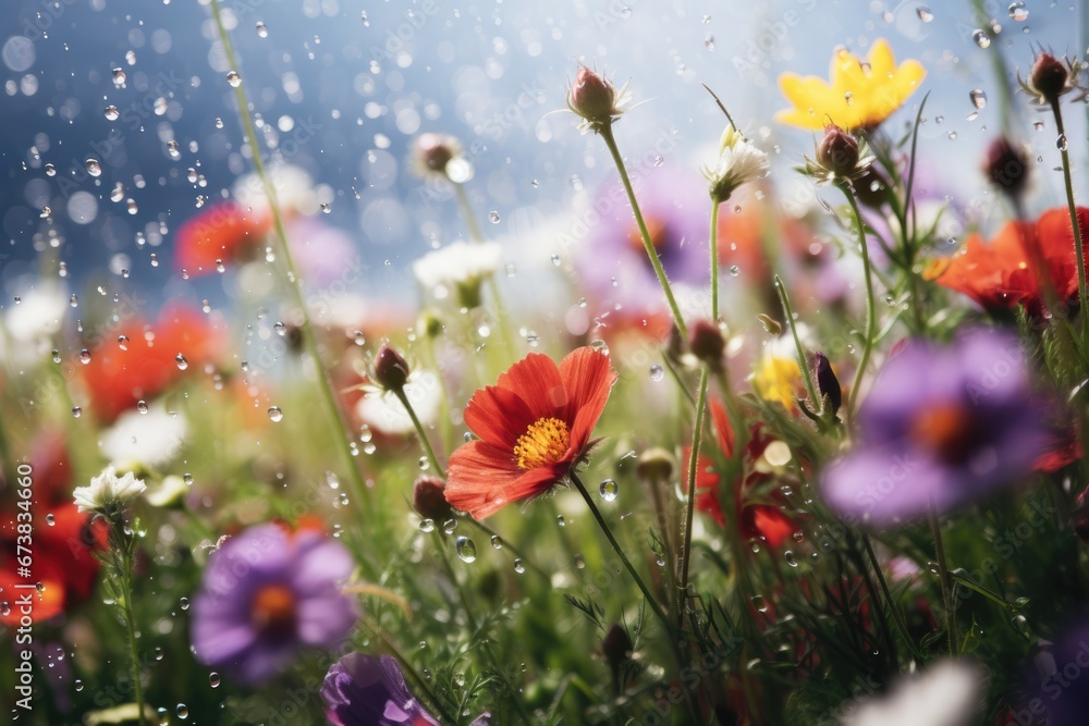 Wild flower field in wild in rain with variable colors in Spring. Spring seasonal concept.
