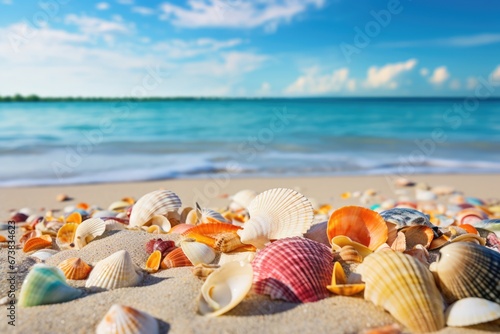 Close-up view of colorful shells in sea water. Summer tropical vacation concept.