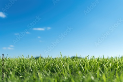 Close-up view of green lawn grass land with blue sky. Spring seasonal concept.
