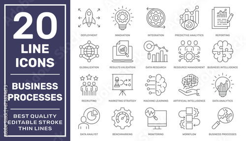 Business Processes and Smart Business. Thin line vector icon set. Pixel perfect. Editable stroke. EPS 10