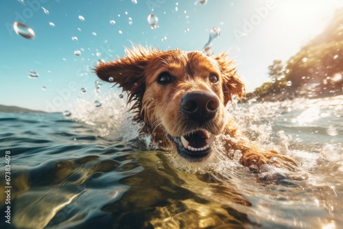 Cute dog swim in water at sunset.