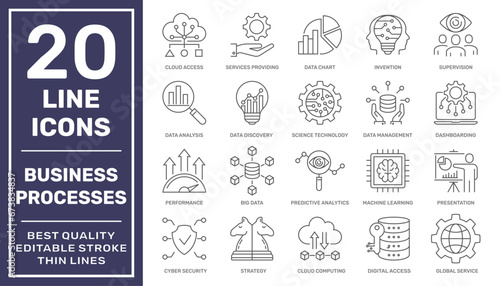 Business processes and tools. Business Intelligence and Management icons. Minimal thin line web icon set. Outline icons collection. Simple vector illustration. Editable Stroke. EPS 10