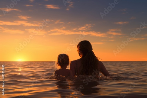 Mother and daughter swim in sea water with beautiful sunset. Summer tropical vacation concept.