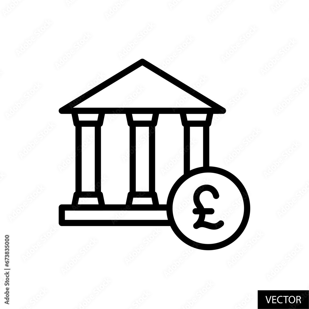 Bank with pound sign, pound sterling currency symbol vector icon in line style design for website, app, UI, isolated on white background. Editable stroke. Vector illustration. Bank with pound sign, pound sterling currency symbol vector icon in line style design for website, app, UI, isolated on white background. Editable stroke. Vector illustration.