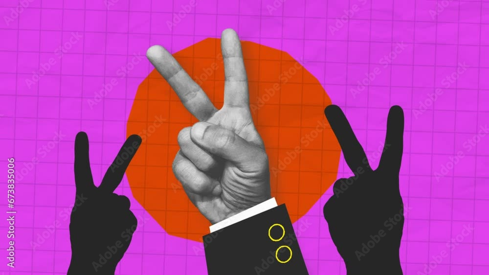4 Hand Sign Animated Hands showing two fingers. Victory sign. Concept of business, teamwork ...