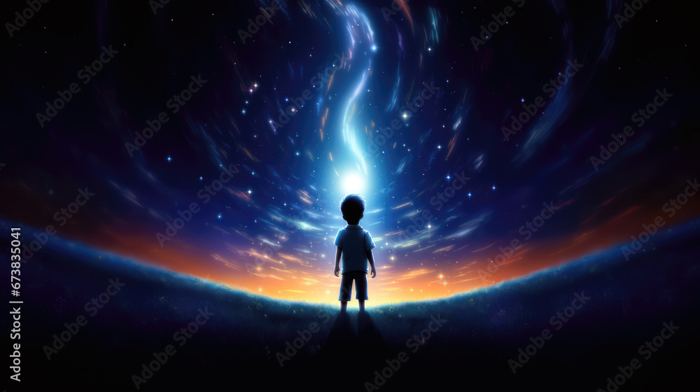 Illustration of a little boy standing in front of the milky way