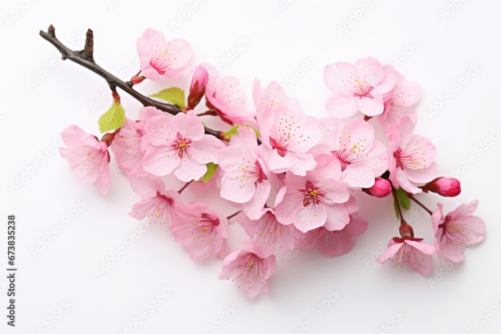 Isolated image of close-up view of pink cherry blossom flower branch on white background in Spring. Spring seasonal concept.