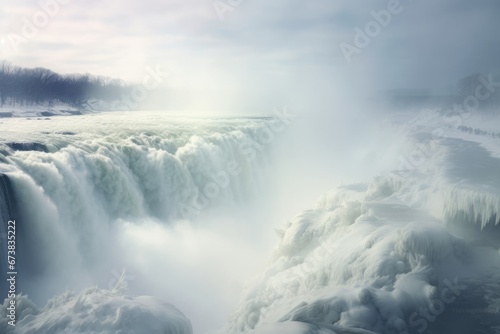 A waterfall in winter covered by heavy snow and ice. Winter seasonal concept.