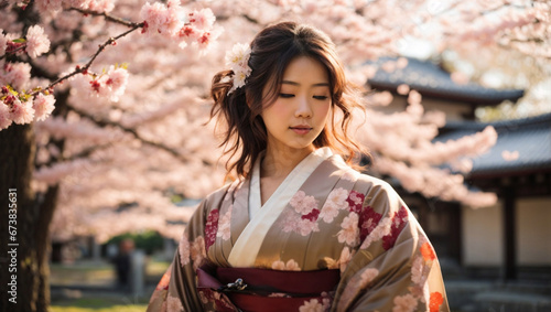 Bellissima ragazza di origini asiatiche vestita con un kimono  sotto un albero di ciliegio in fiore in Giappone in primavera