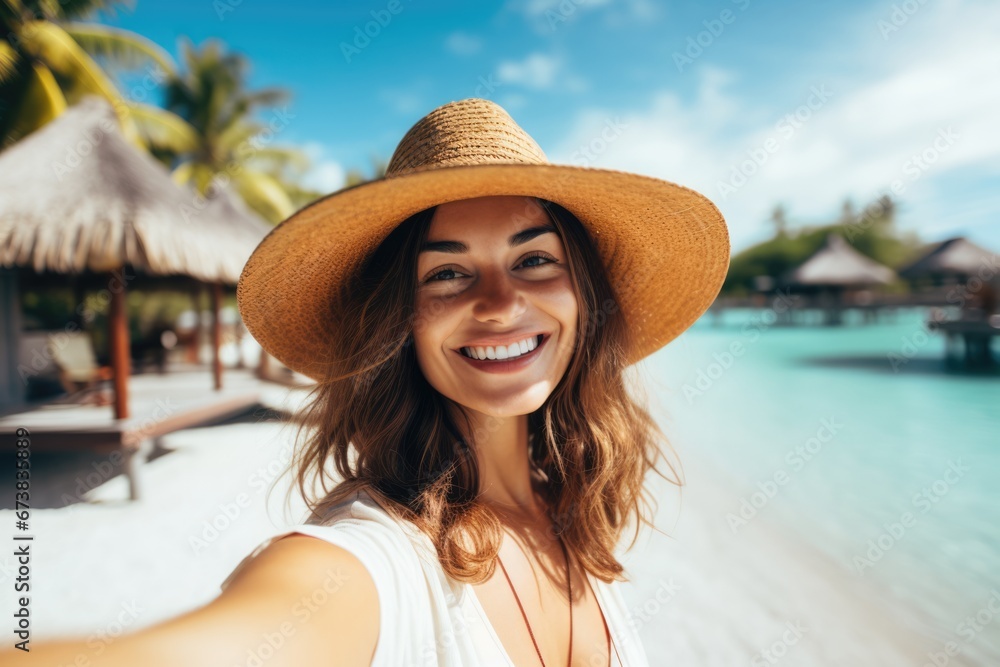 Portrait of a happy lady with beach hat at luxury resort. Summer tropical vacation concept.