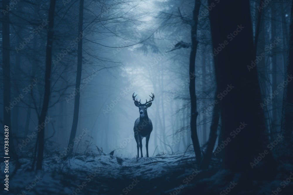 Male deer with antlers stand in blue dark misty forest.