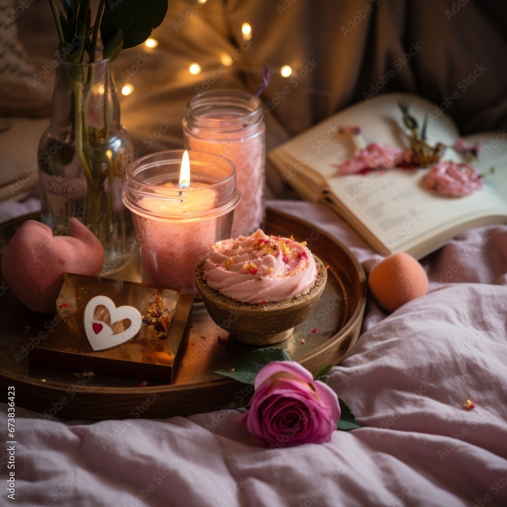 tray in the bed with sweets, flowers and candels tray in the bed with sweets, flowers and candels