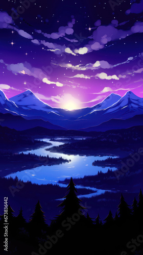 Winter landscape with snow covered mountains and lake at night, vector illustration 