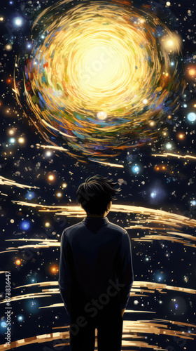 Back view of young boy looking at a galaxy in space