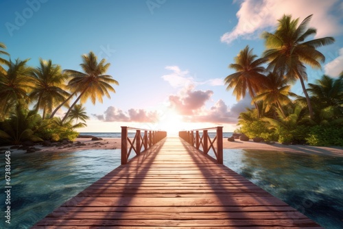 Beautiful sunset at beach with a path to island with palm trees. Summer tropical vacation concept.