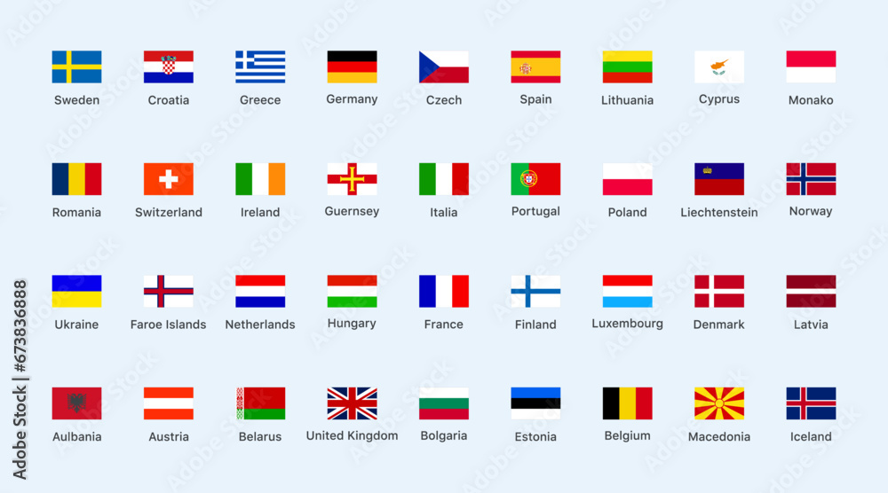 Flags of the countries Europe continent. Isolated flags of Europe continent. Color square flags of Europe countries. Vector icons - obrazy, fototapety, plakaty 