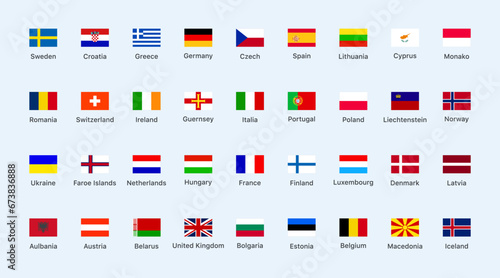 Flags of the countries Europe continent. Isolated flags of Europe continent. Color square flags of Europe countries. Vector icons