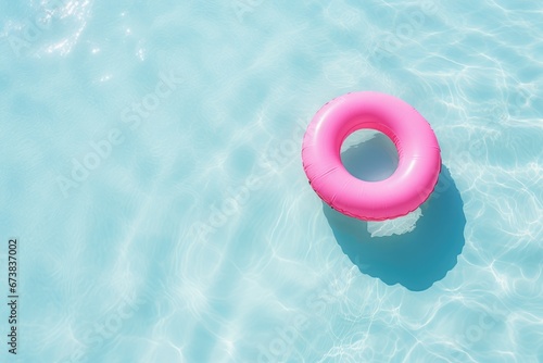 Close-up view of a pink swimming ring in clear sea water with beautiful light pattern on beach. Summer tropical vacation concept.