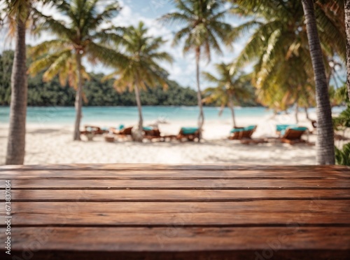 Wooden table top with blurred palm trees and beach resort landscape background