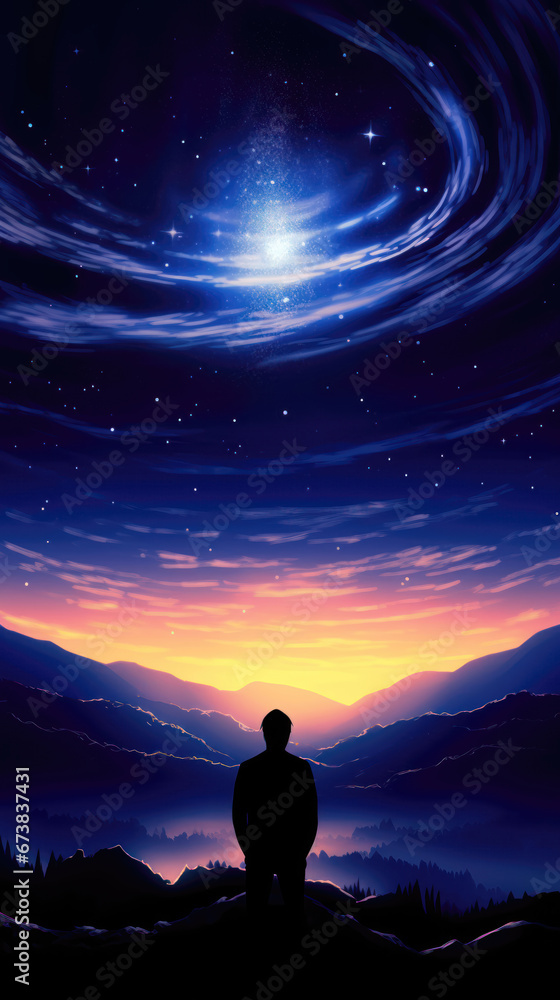 Silhouette of a man on the background of the starry sky Silhouette of a man on the background of the starry sky