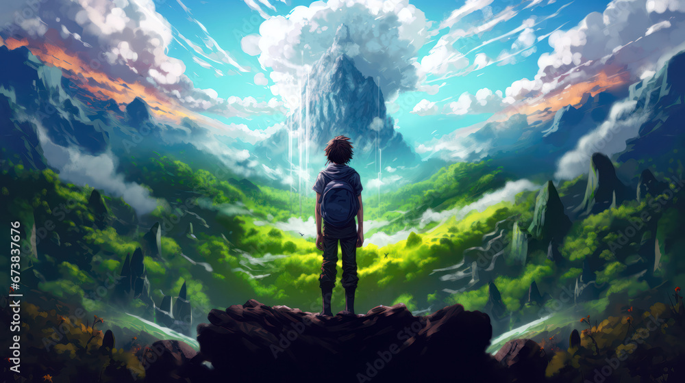 Man standing on the edge of a cliff in a fantasy landscape Man standing on the edge of a cliff in a fantasy landscape