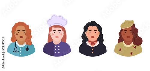 Professional female . Artist, doctor, chef, Flight attendant . Concept of women in the labor market. .character vector design