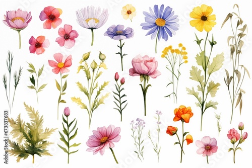 watercolor flowers painting illustration set on a white background © porpon35