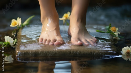 Photo of beautiful smooth woman's foot on wet stones, doing natural meditation relaxation yoga