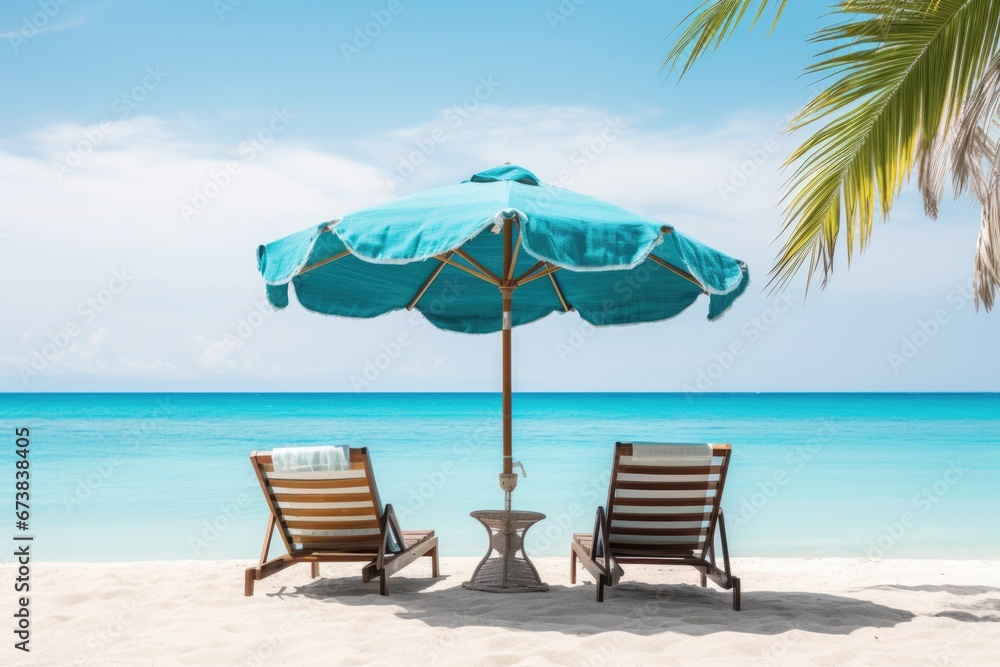 Beach chair with umbrella in luxury resort with beautiful seascape on beach. Summer tropical vacation concept.
