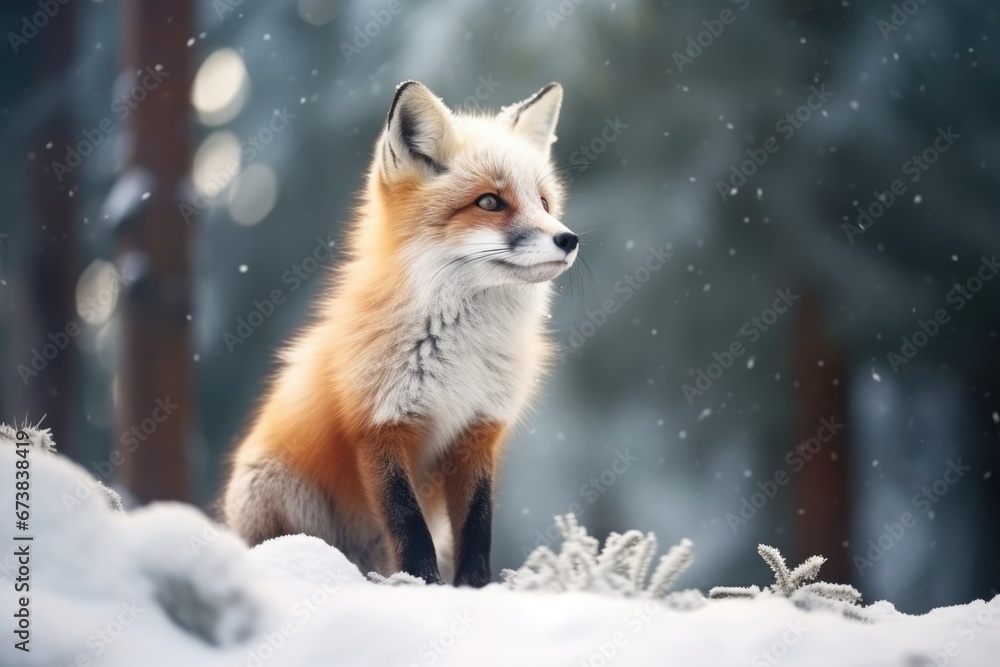 Beautiful red fox stand in wild in Winter with snow. Beautiful red fox stand in wild in Winter with snow.