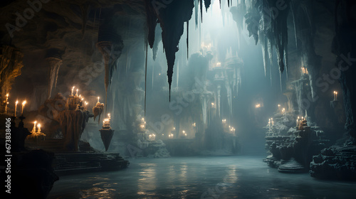A surreal photograph capturing the intricate formations of a subterranean world, where glistening stalactites dangle like natural chandeliers from the cave's ceiling. photo