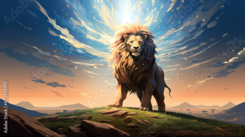 Lion standing on a hill at sunset