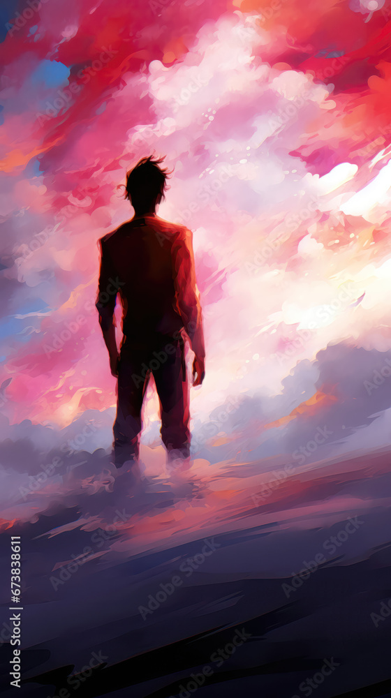 Obraz premium Man in a red suit looking at the sunset. Digital painting