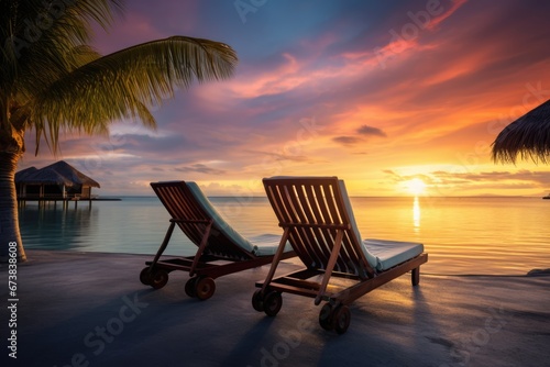Beach chair at sunset in luxury resort with beautiful seascape on beach. Summer tropical vacation concept.