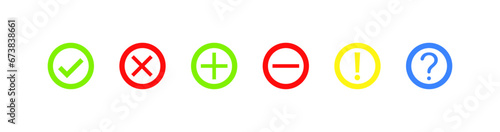 Reaction icons. Flat, color, tick, cross, plus, minus, exclamation mark, question mark icons. Vector icons