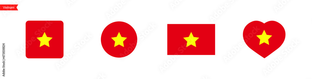 National flag of Vietnam. Isolated flags for language selection. Vietnam flag icons in the shape of a square, circle, heart. Vector icons National flag of Vietnam. Isolated flags for language selection. Vietnam flag icons in the shape of a square, circle, heart. Vector icons