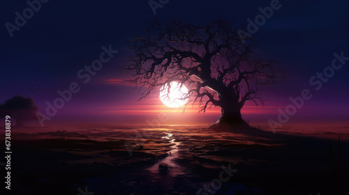 Fantasy landscape with an old oak tree at sunset