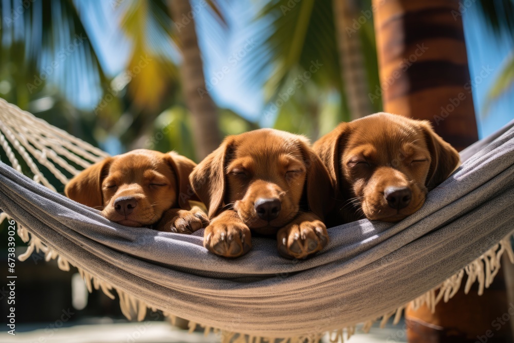 Three relaxed puppy dog sleep on a hammock at a beach resort in Summer ...