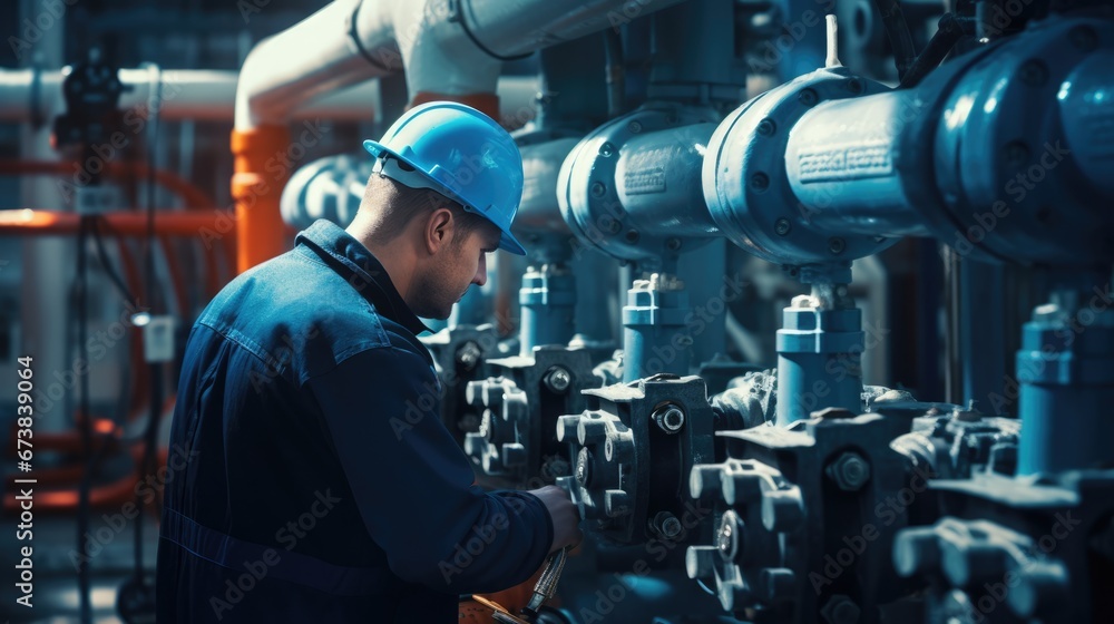 Male worker at water supply station inspects water pump valves equipment in at a large industrial estate. Water pipes. Industrial plumbing. Male worker at water supply station inspects water pump valves equipment in at a large industrial estate. Water pipes. Industrial plumbing.